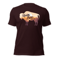 Oxblood black t-shirt featuring a sunset landscape buffalo graphic with "Roam Free" text across the center.