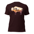 Oxblood black t-shirt featuring a sunset landscape buffalo graphic with "Roam Free" text across the center.