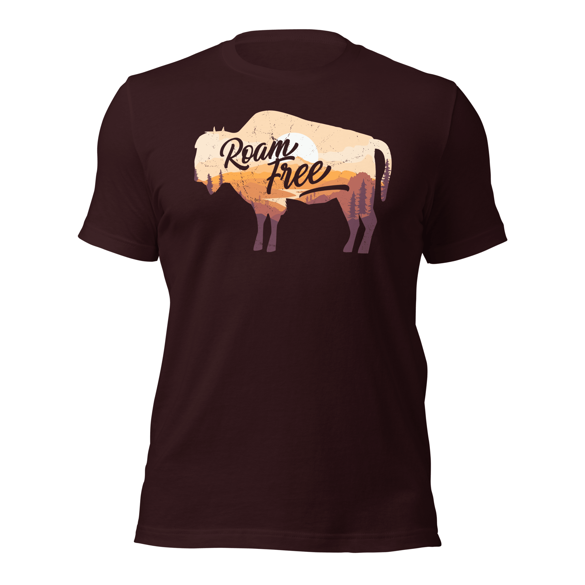 Oxblood black t-shirt featuring a sunset landscape buffalo graphic with "Roam Free" text across the center.
