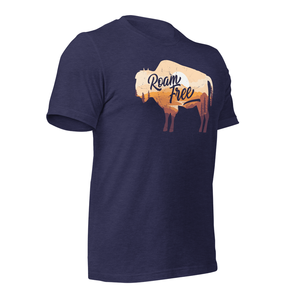 Heather midnight navy t-shirt, three-quarter view angled left, featuring a "Roam Free" buffalo graphic and a DIA logo.