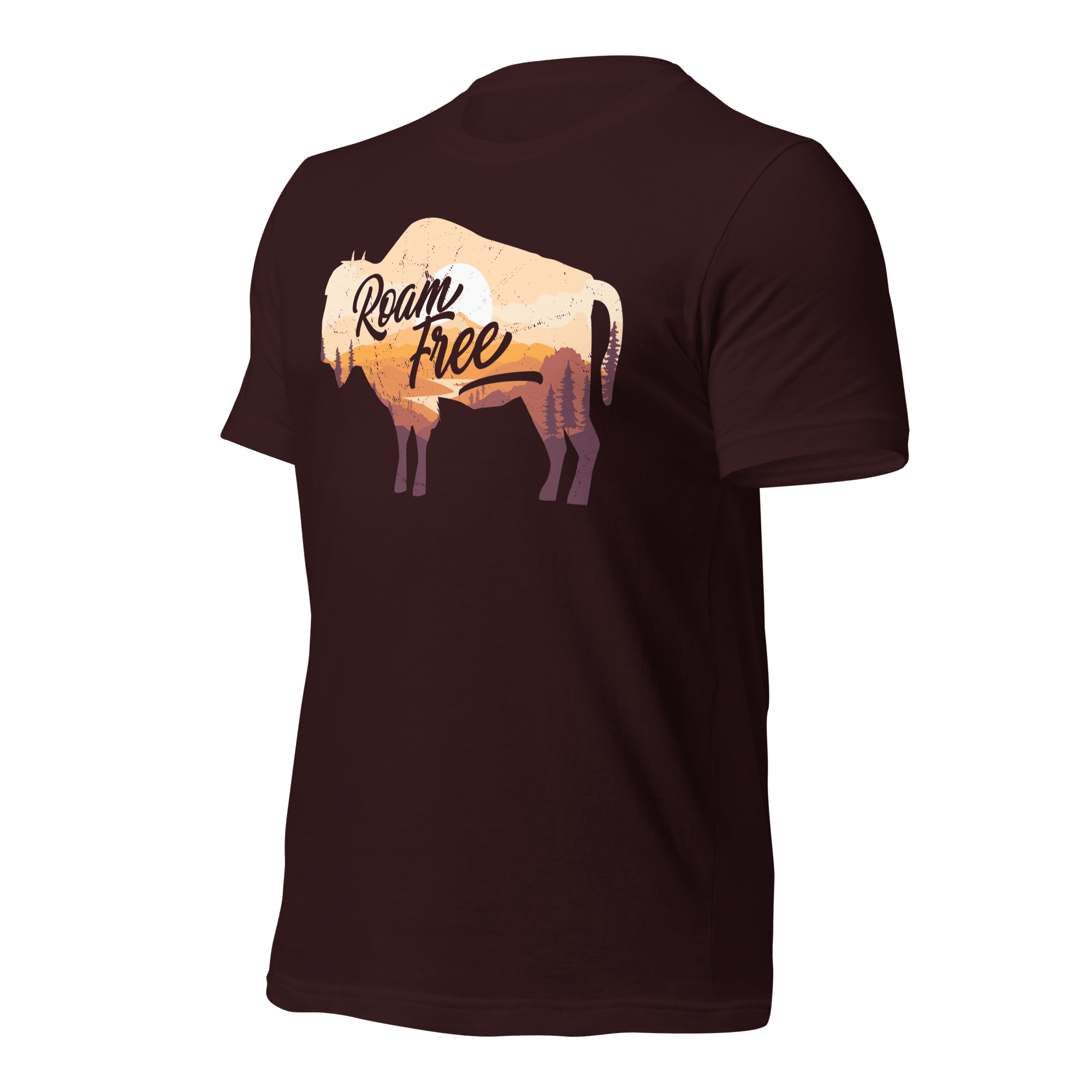 Oxblood black t-shirt, three-quarter view angled right, featuring a "Roam Free" buffalo graphic and a DIA logo.