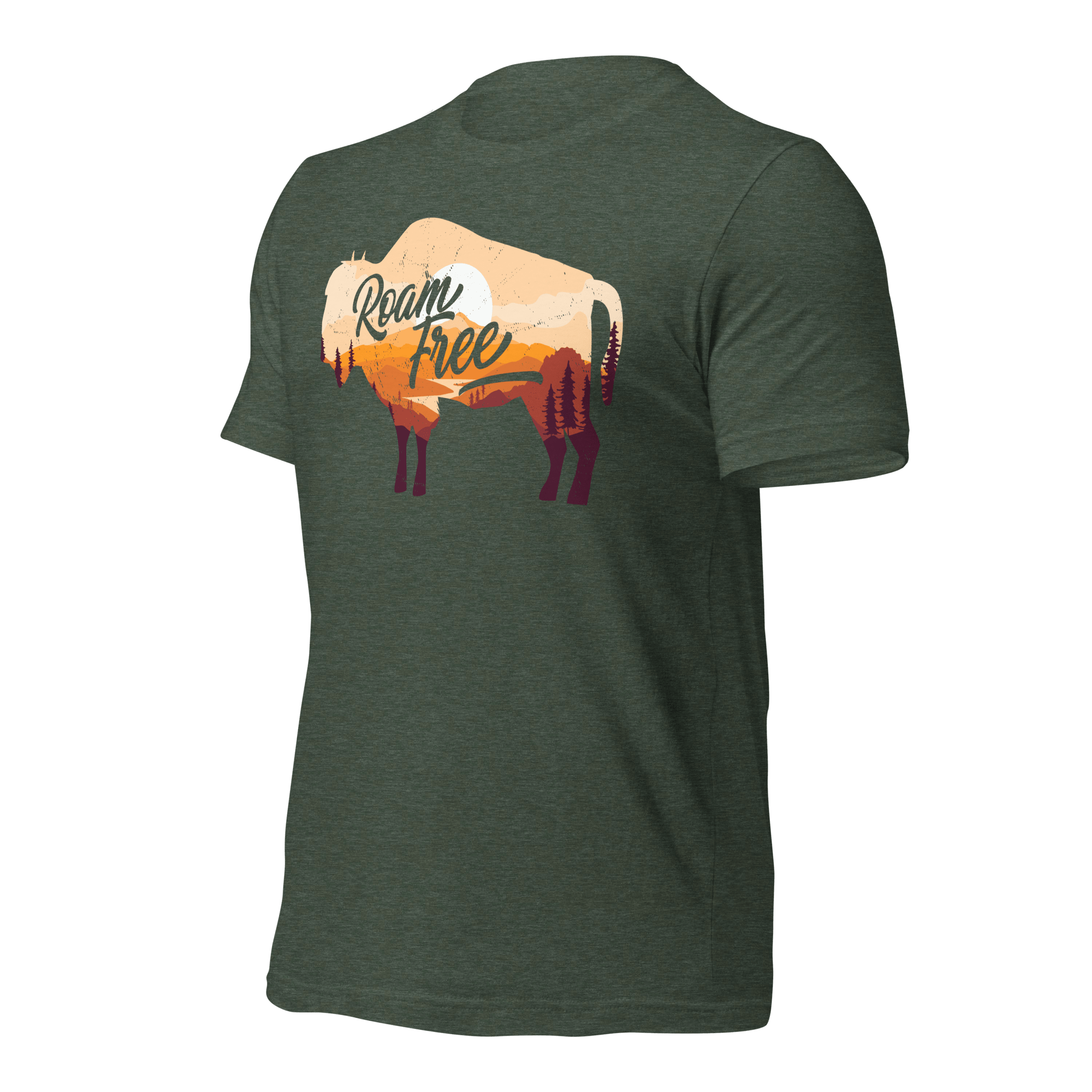 Heather forest t-shirt, three-quarter view angled right, featuring a "Roam Free" buffalo graphic.