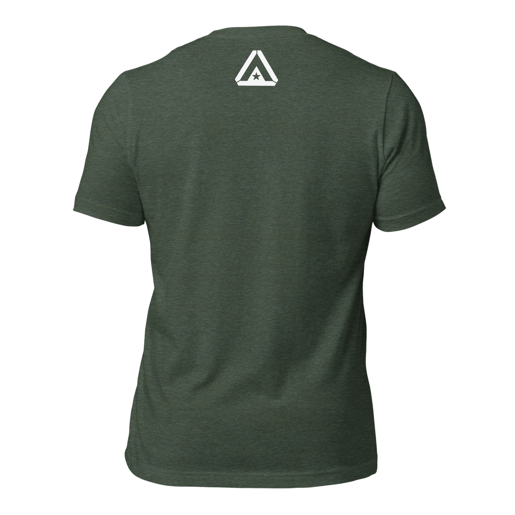 Heather forest t-shirt, back view, featuring a white DIA logo printed on the upper neck area.