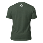 Heather forest t-shirt, back view, featuring a white DIA logo printed on the upper neck area.