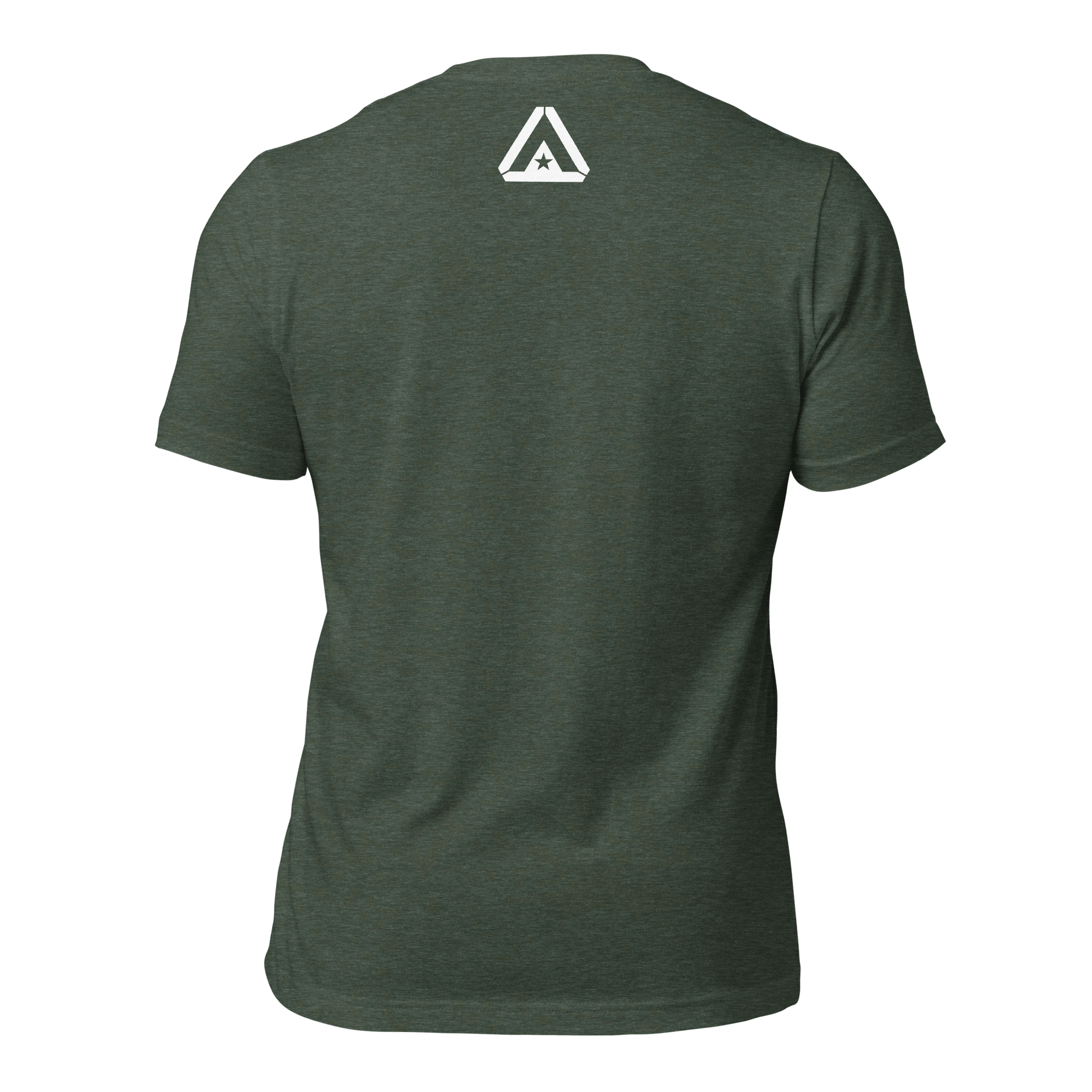 Heather forest t-shirt, back view, featuring a white DIA logo printed on the upper neck area.