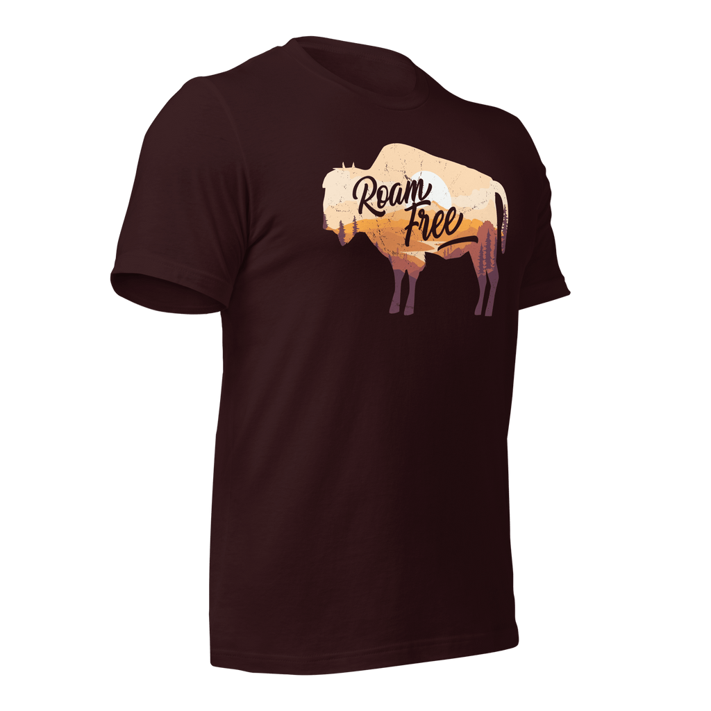 Oxblood black t-shirt, three-quarter view angled left, featuring a "Roam Free" buffalo graphic