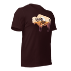 Oxblood black t-shirt, three-quarter view angled left, featuring a "Roam Free" buffalo graphic