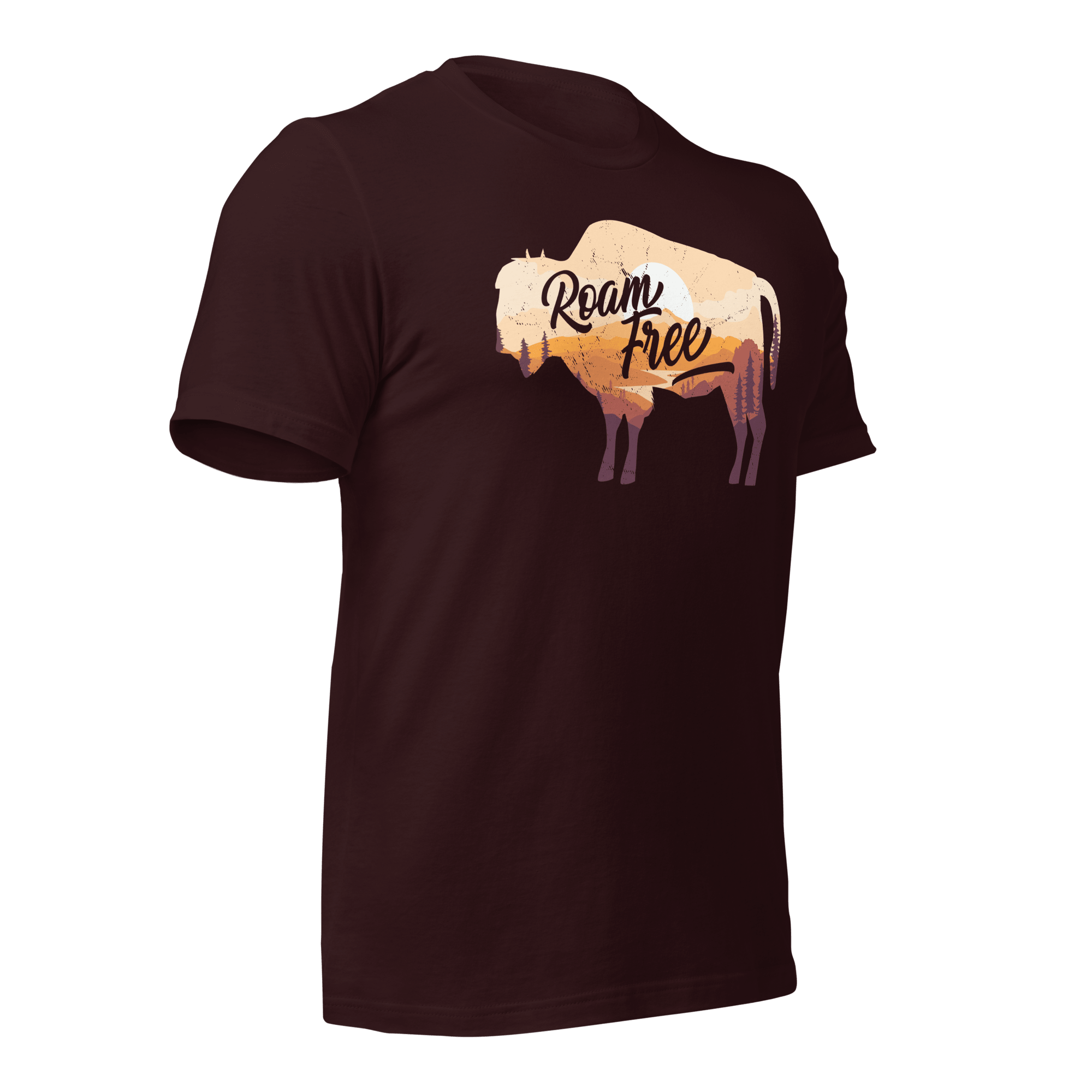 Oxblood black t-shirt, three-quarter view angled left, featuring a "Roam Free" buffalo graphic