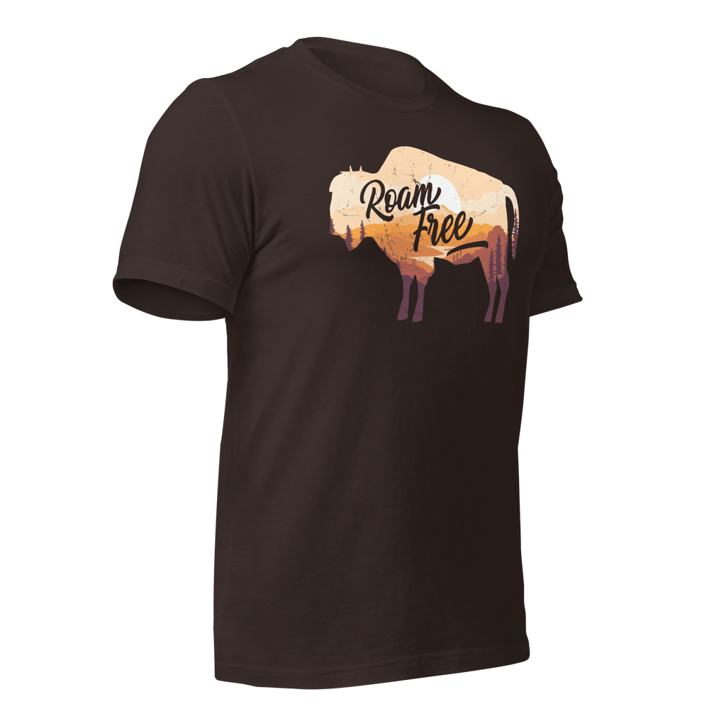 brown t-shirt, three-quarter view angled left, featuring a "Roam Free" buffalo graphic
