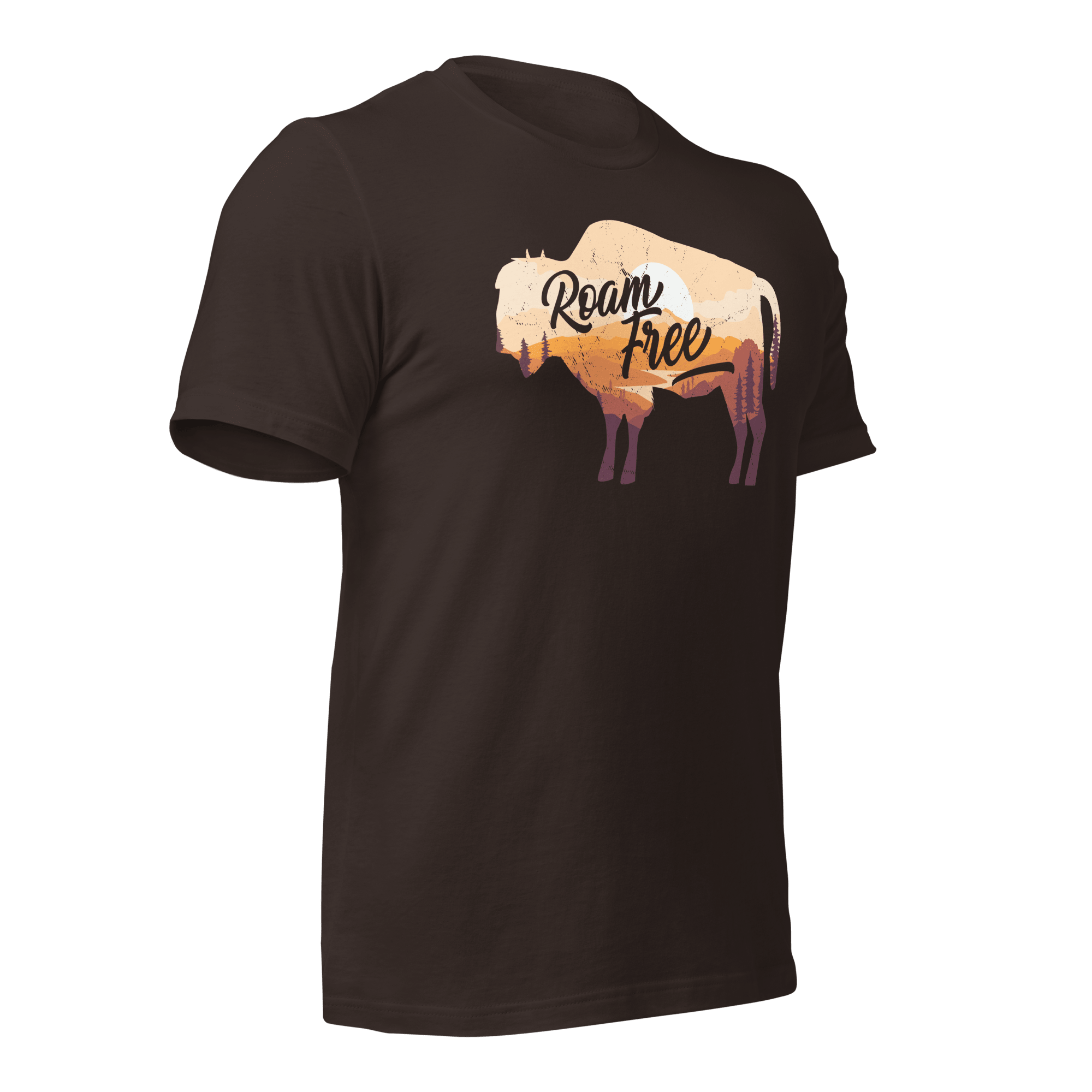 brown t-shirt, three-quarter view angled left, featuring a "Roam Free" buffalo graphic