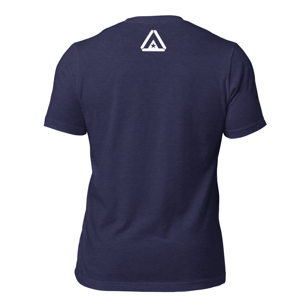 Heather midnight navy t-shirt, back view, featuring a white DIA logo printed on the upper neck area.