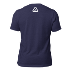 Heather midnight navy t-shirt, back view, featuring a white DIA logo printed on the upper neck area.
