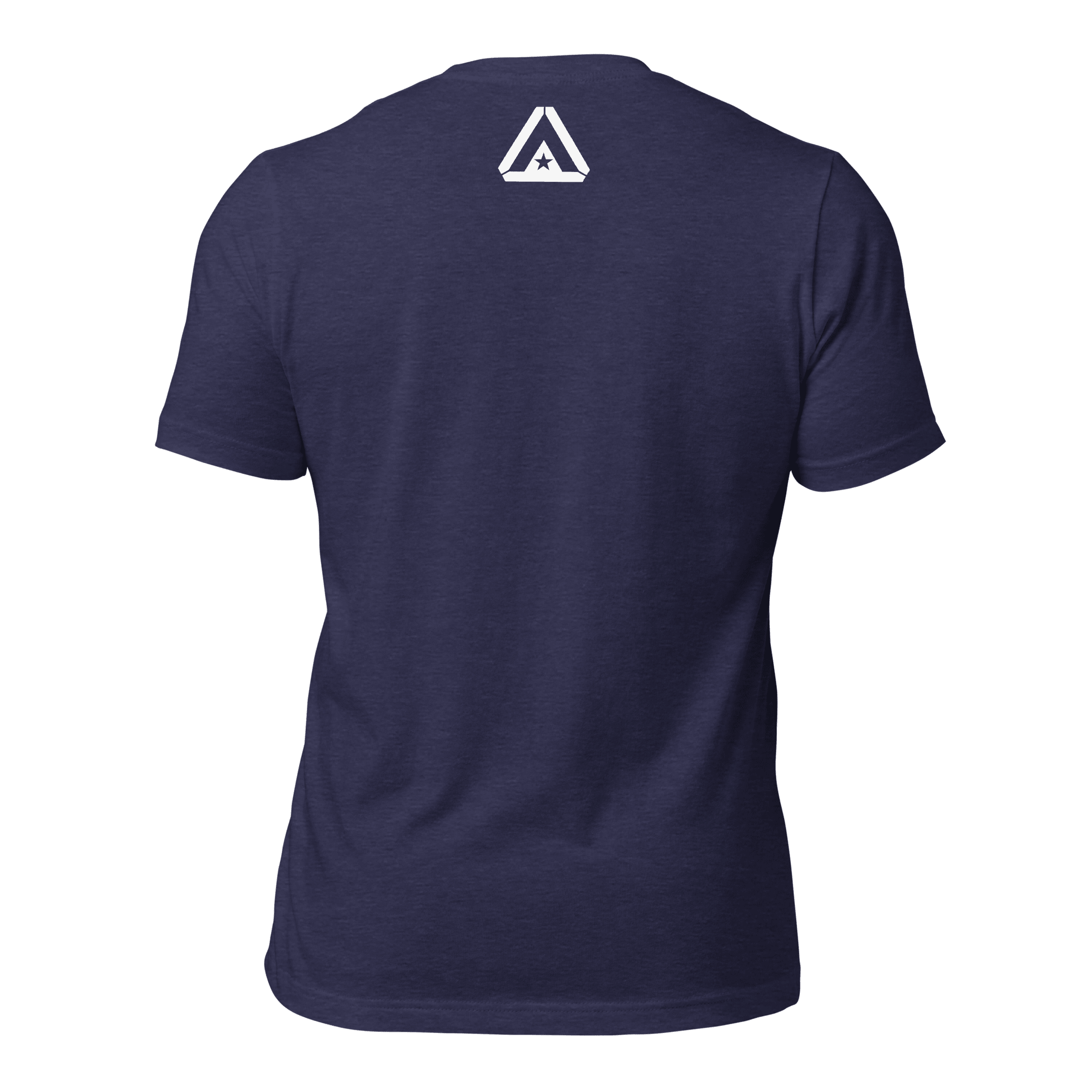 Heather midnight navy t-shirt, back view, featuring a white DIA logo printed on the upper neck area.