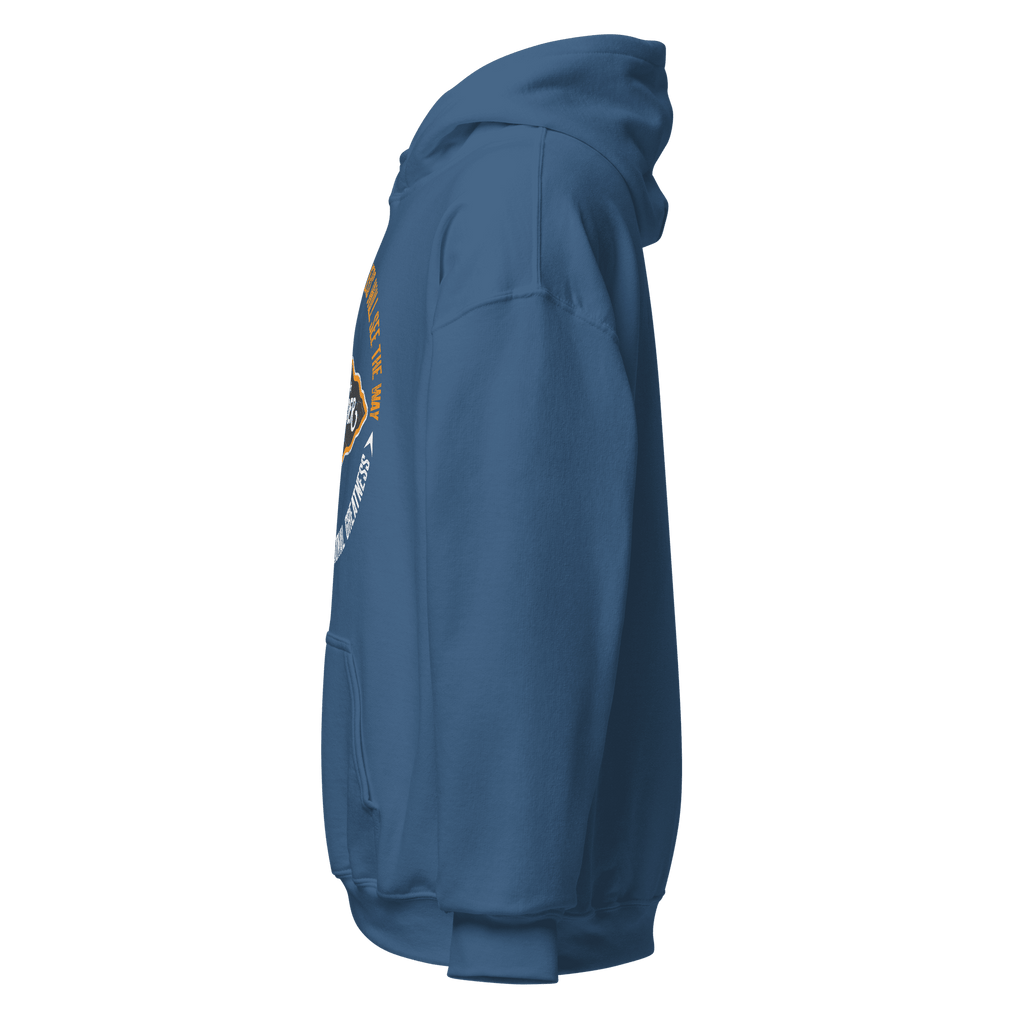 Indigo blue Pathfinder hoodie, side view, showing the front graphic that is slightly visible