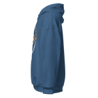 Indigo blue Pathfinder hoodie, side view, showing the front graphic that is slightly visible
