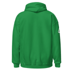 Irish green Pathfinder hoodie, back view, featuring a white DIA logo on the right sleeve.