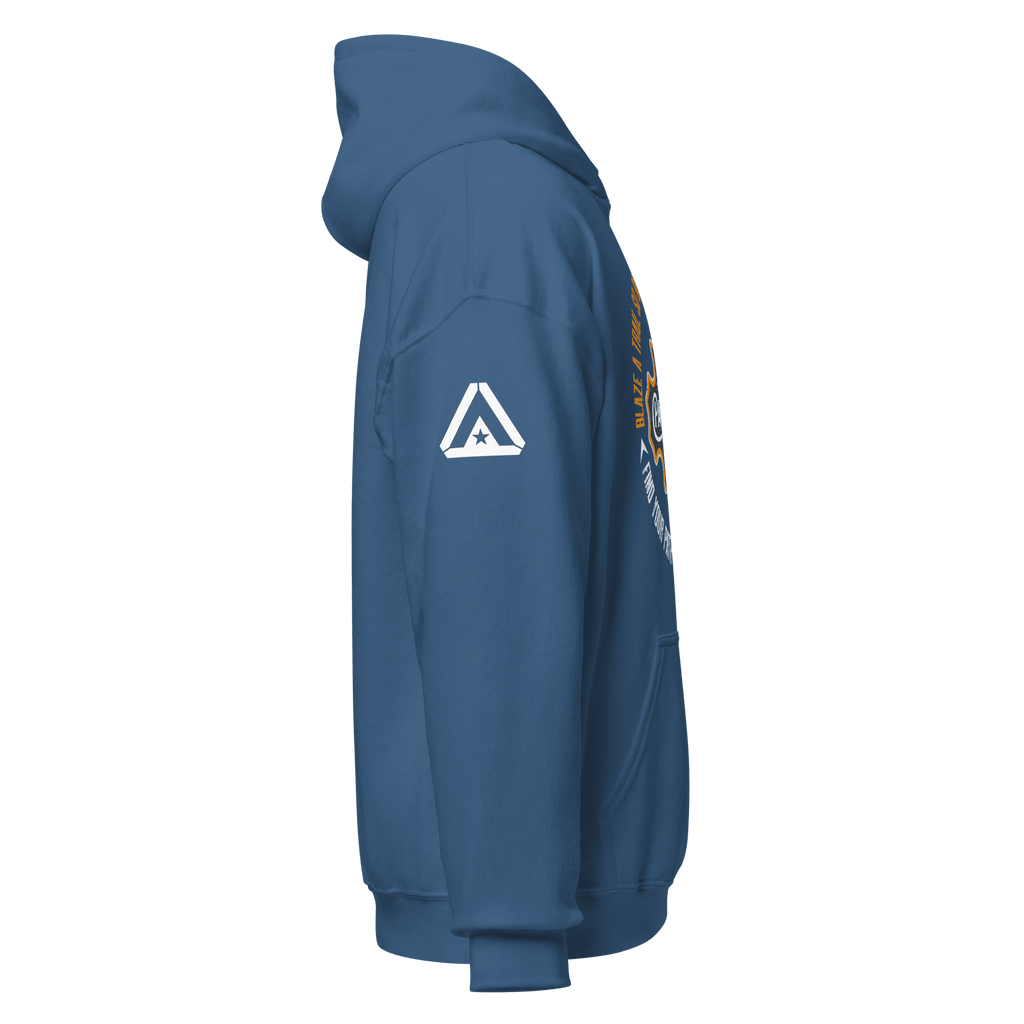 Indigo blue Pathfinder hoodie, side view, showing a white DIA logo on the right sleeve.