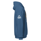 Indigo blue Pathfinder hoodie, side view, showing a white DIA logo on the right sleeve.
