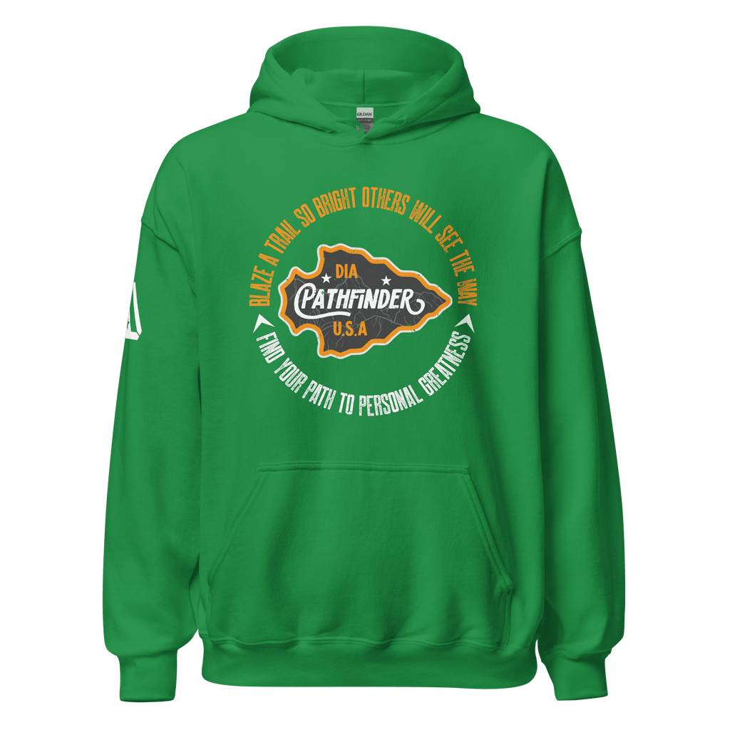 Irish green Pathfinder hoodie, front view, featuring the central circular graphic and the white DIA logo on the right sleeve.