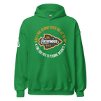 Irish green Pathfinder hoodie, front view, featuring the central circular graphic and the white DIA logo on the right sleeve.