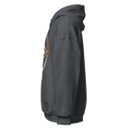 Dark Heather grey Pathfinder hoodie, side view, showing the hood and front graphic