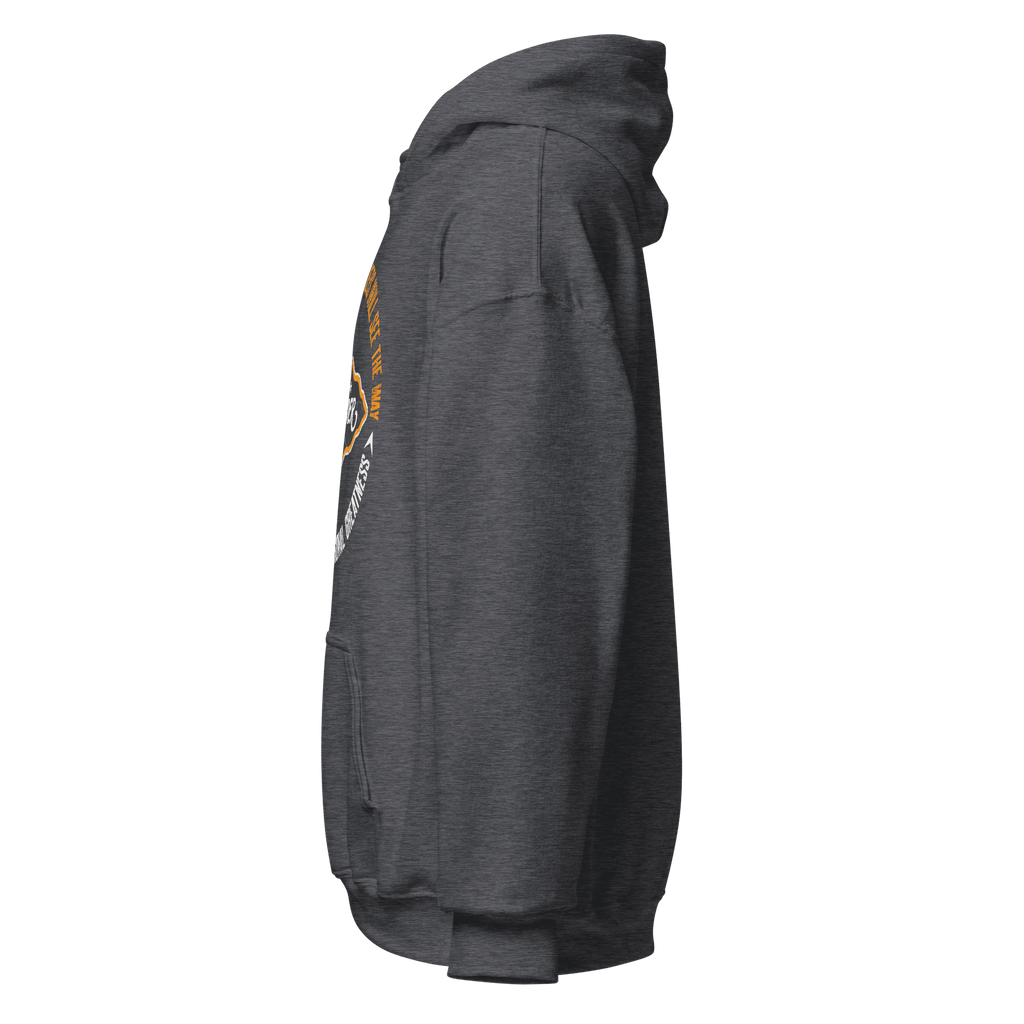 Side profile of a charcoal grey Pathfinder hoodie.