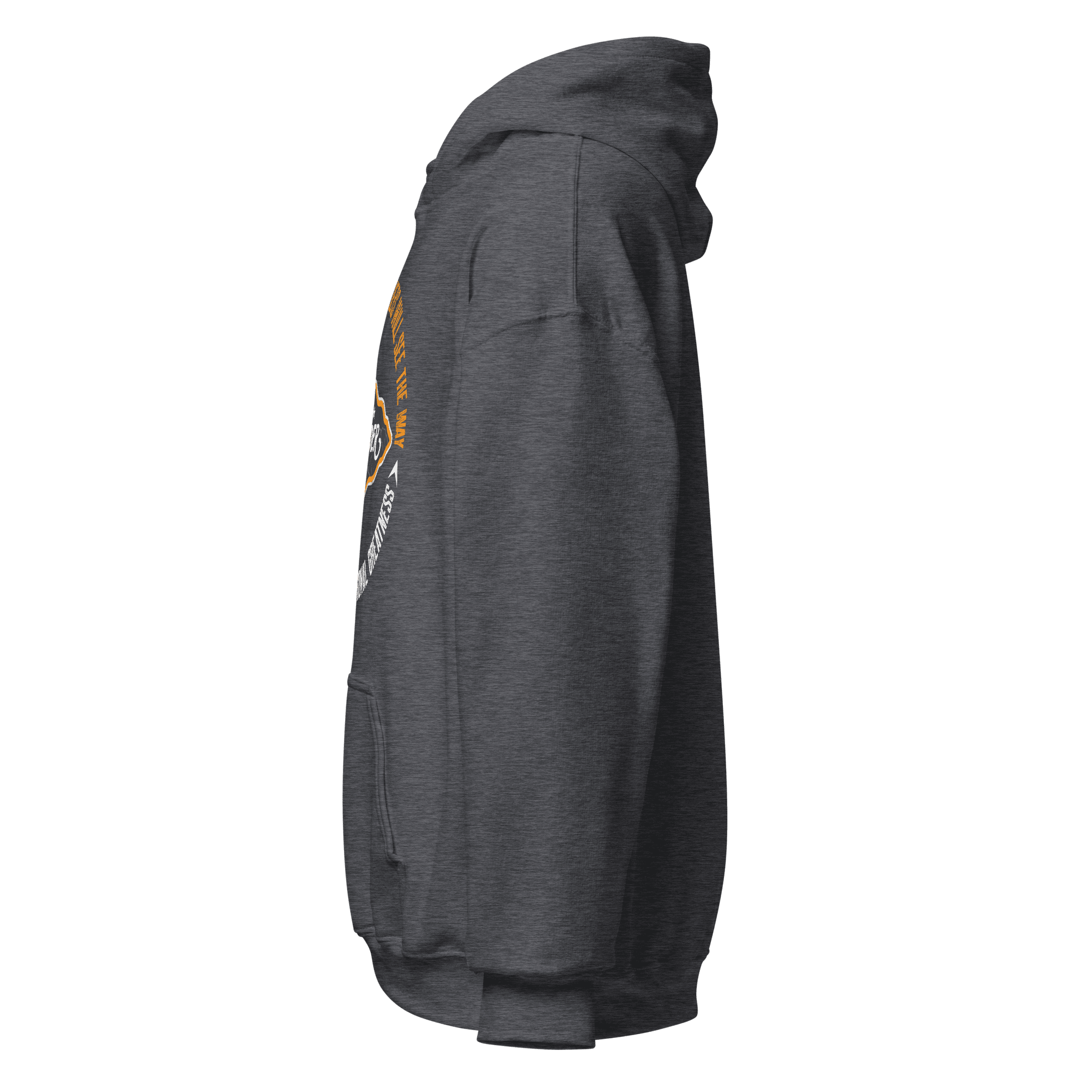 Side profile of a charcoal grey Pathfinder hoodie.