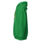 Irish green Pathfinder hoodie, side view, showing the hood and the front graphic