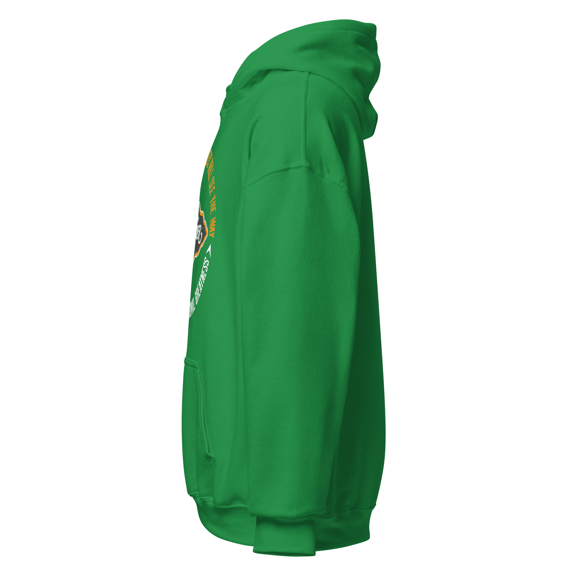 Irish green Pathfinder hoodie, side view, showing the hood and the front graphic