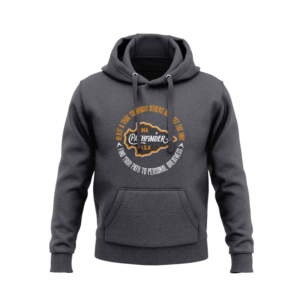 Dark charcoal hoodie displaying a circular chest graphic with "DIA PATHFINDER U.S.A." and inspirational outdoor text.   