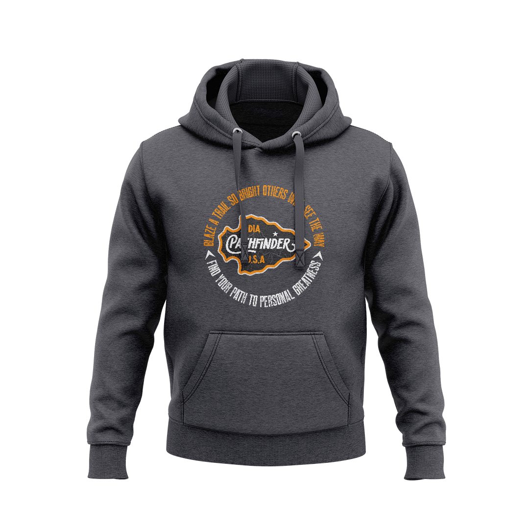 Dark charcoal hoodie displaying a circular chest graphic with "DIA PATHFINDER U.S.A." and inspirational outdoor text.   