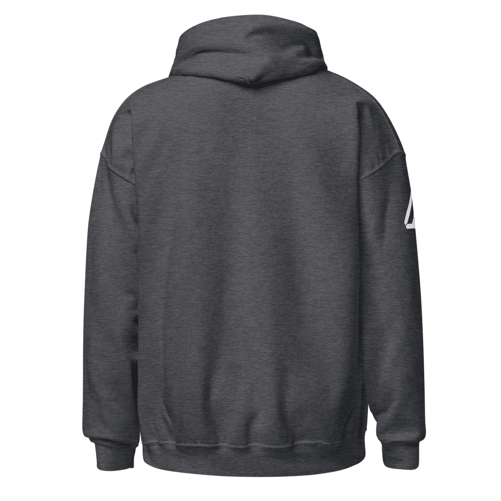Dark Heather grey Pathfinder hoodie, back view, with the white DIA logo on the right sleeve.