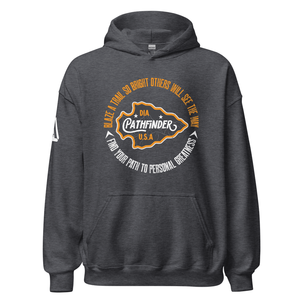 Front view of a charcoal grey Pathfinder hoodie featuring a white DIA logo on the right sleeve.