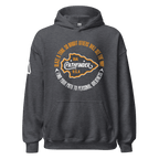 Front view of a charcoal grey Pathfinder hoodie featuring a white DIA logo on the right sleeve.