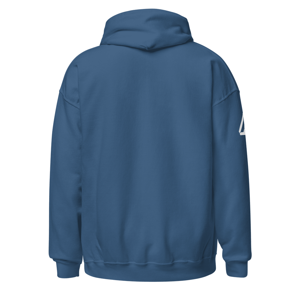 Indigo blue Pathfinder hoodie, back view, featuring a white DIA logo on the right sleeve.