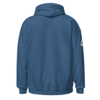 Indigo blue Pathfinder hoodie, back view, featuring a white DIA logo on the right sleeve.