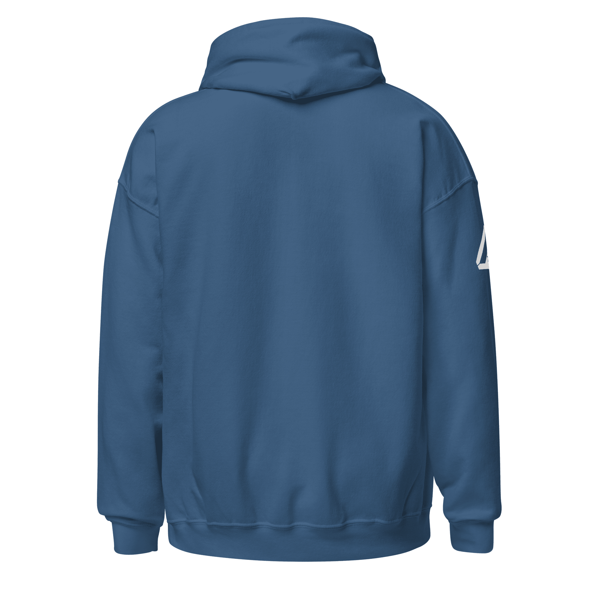 Indigo blue Pathfinder hoodie, back view, featuring a white DIA logo on the right sleeve.