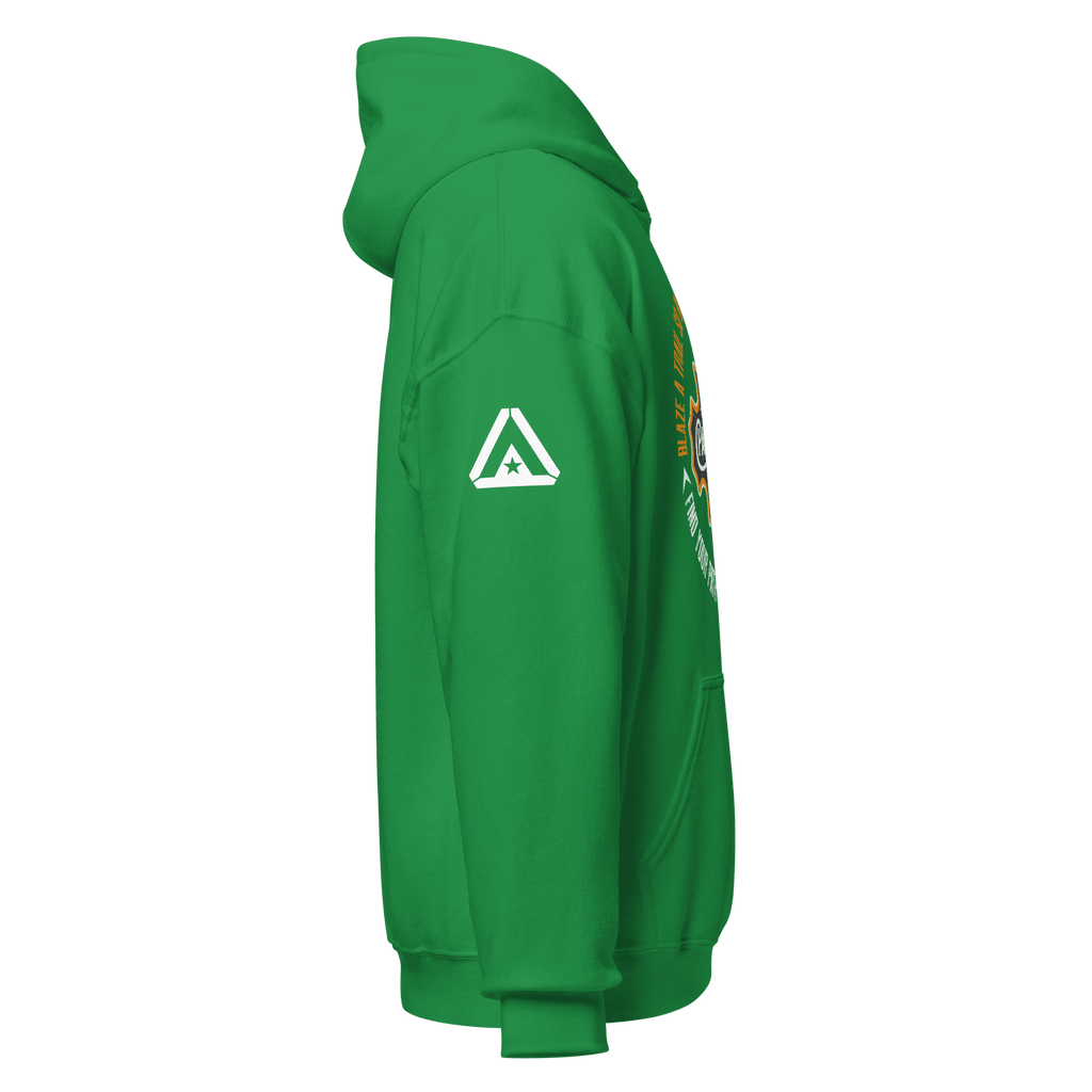 Irish green Pathfinder hoodie, side view, showing the white DIA logo on the right sleeve.