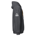Dark Heather grey Pathfinder hoodie, side view, showing a white DIA logo on the right sleeve.