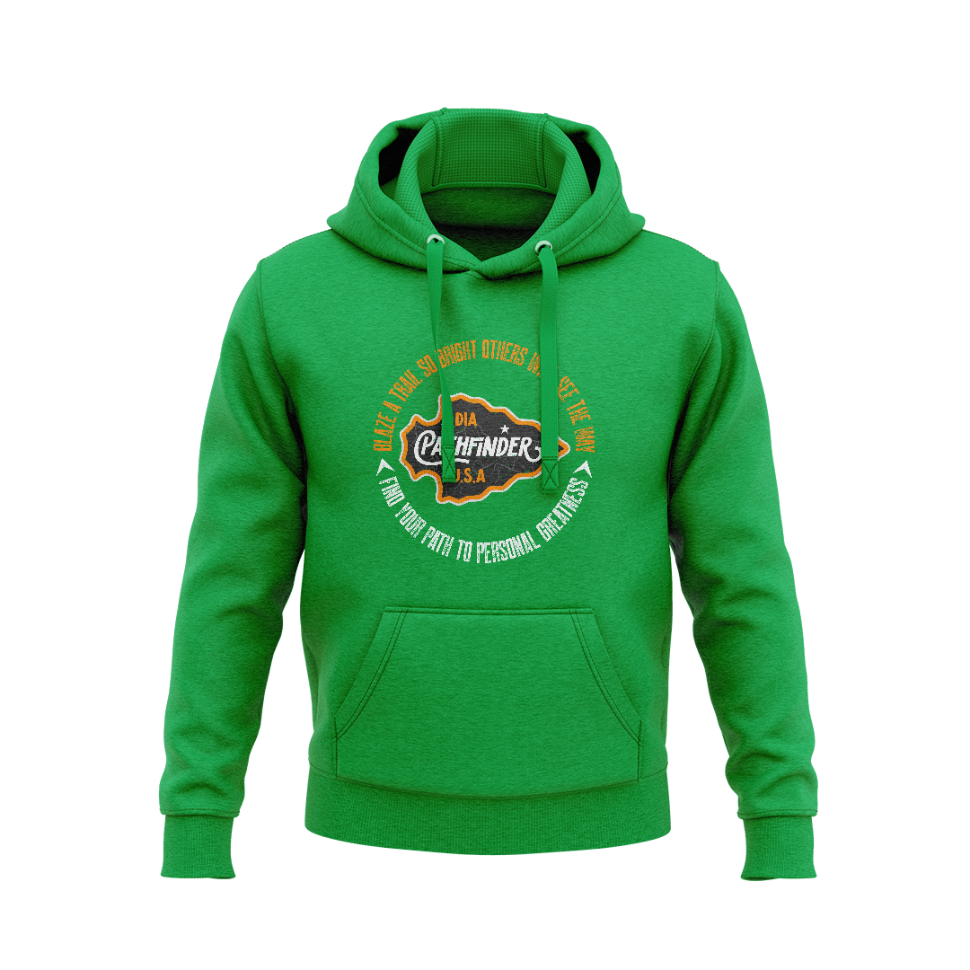 Bright green hoodie featuring a circular chest graphic with "DIA PATHFINDER U.S.A" and inspirational outdoor text.