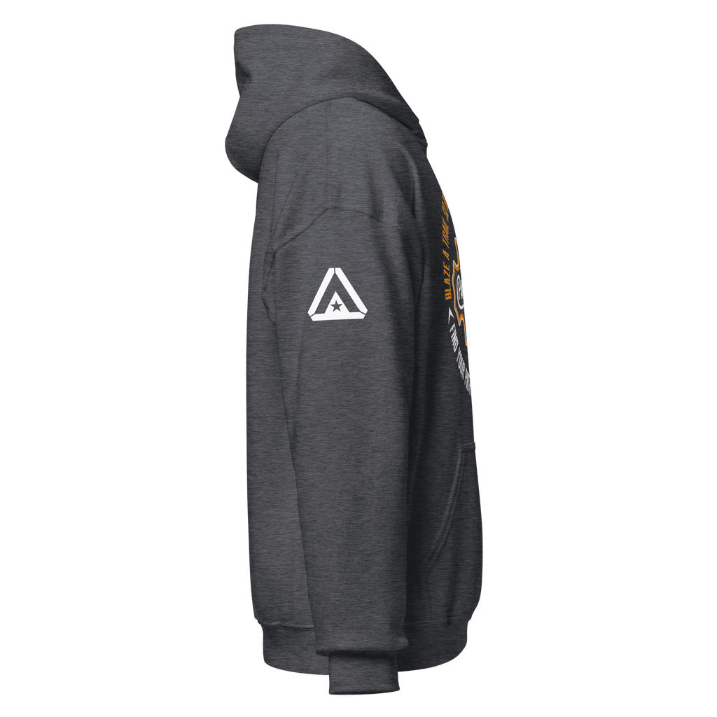 Side profile of a charcoal grey Pathfinder hoodie featuring a white DIA logo on the right sleeve.
