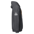 Side profile of a charcoal grey Pathfinder hoodie featuring a white DIA logo on the right sleeve.
