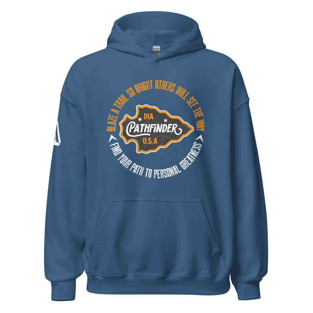 Indigo blue Pathfinder hoodie, front view, featuring the central circular graphic and the white DIA logo on the right sleeve.