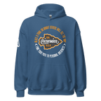 Indigo blue Pathfinder hoodie, front view, featuring the central circular graphic and the white DIA logo on the right sleeve.
