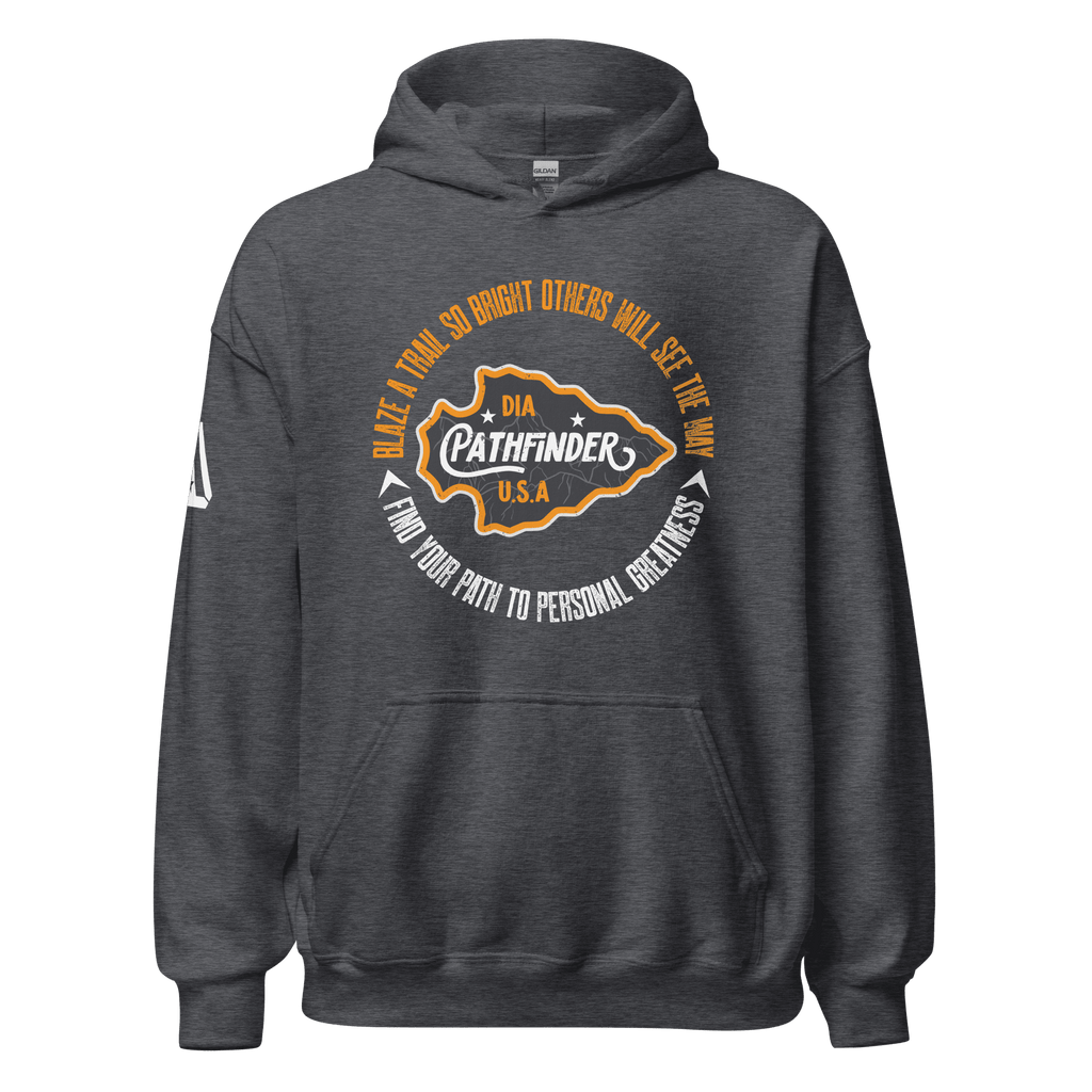 A front view of a charcoal grey Pathfinder hoodie with a white DIA logo on the right sleeve.