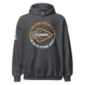 A front view of a charcoal grey Pathfinder hoodie with a white DIA logo on the right sleeve.