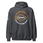 A front view of a charcoal grey Pathfinder hoodie with a white DIA logo on the right sleeve.