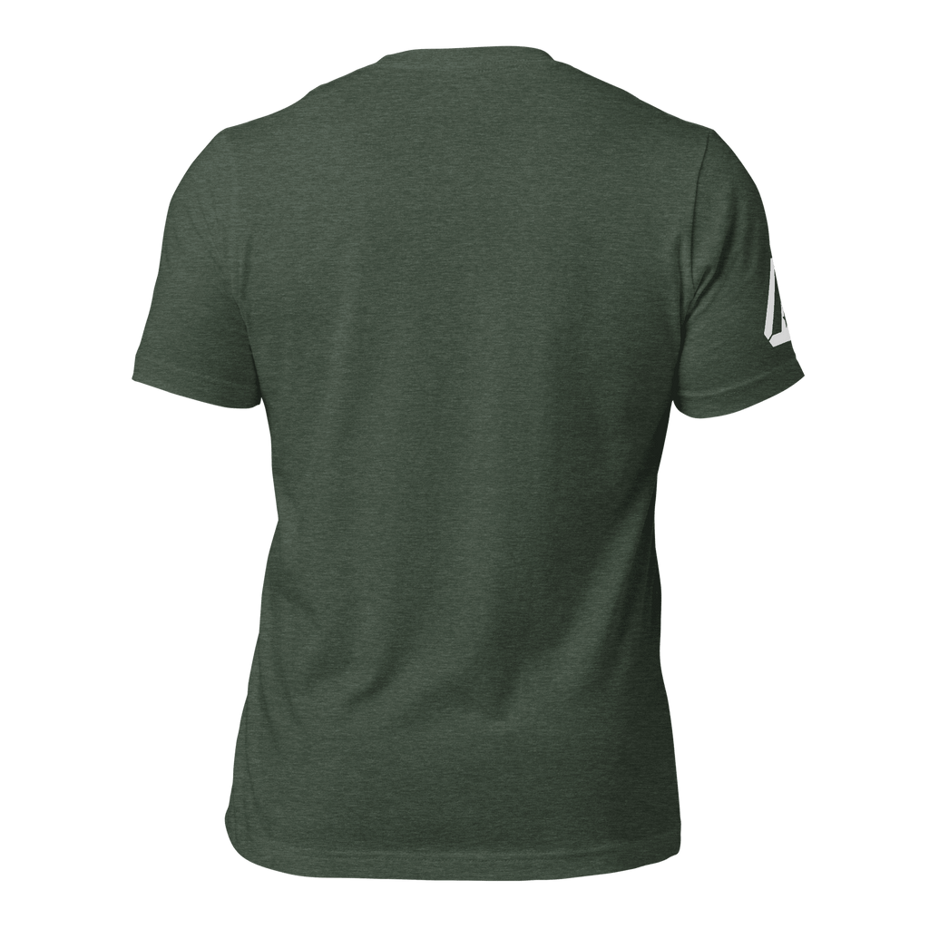heather forrest green t-shirt, back view, featuring a DIA logo on the sleeve.
