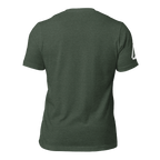 heather forrest green t-shirt, back view, featuring a DIA logo on the sleeve.