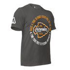 asphalt gray t-shirt, three-quarter view, featuring a circular Pathfinder graphic on the chest and a DIA logo on the sleeve.